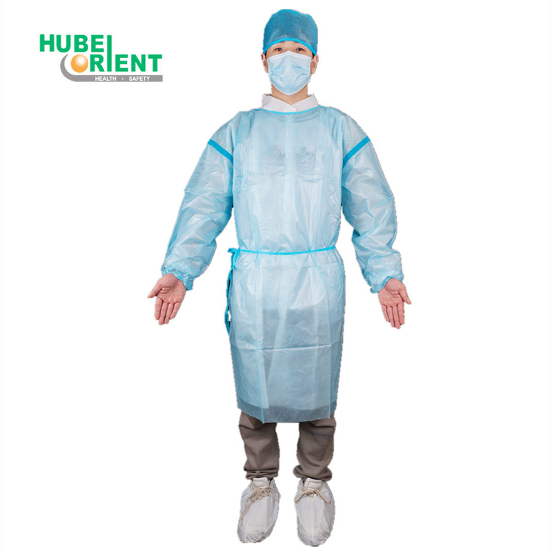 Blue/White Waterproof Disposable PP PE Medical Isolation Gown With Blue Tape